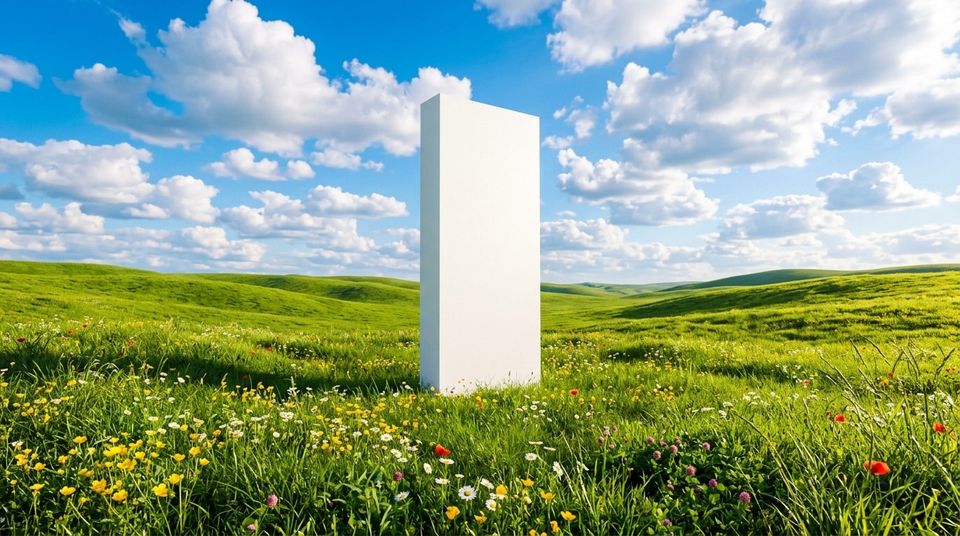 A tall white monolith standing in a bright green meadow with wildflowers under a clear blue sky